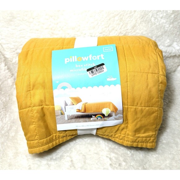 Twin Size Box Stitch Microfiber Kids' Quilt Yellow - Pillowfort - Picture 3 of 6
